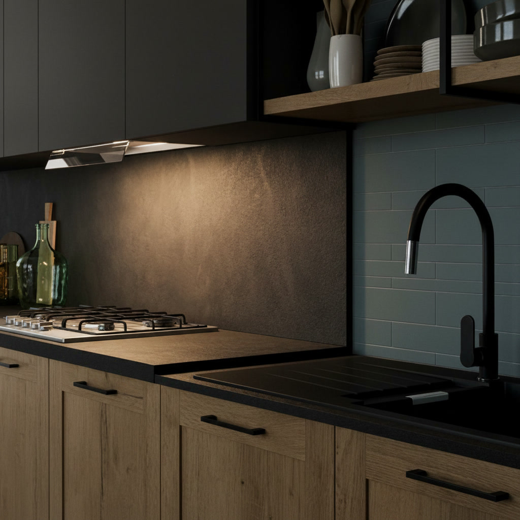 Piano cottura a gas inox su top scuro, alzata effetto pietra, mensola in rovere e piastrelle azzurre, cucine Michelessi