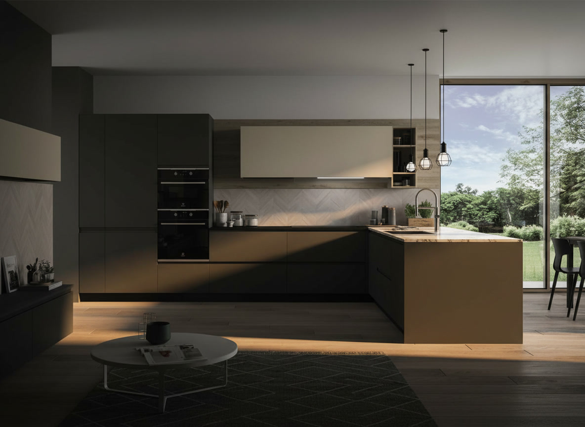 Cucina angolare grigio grafite e panna con boiserie a spina, lampade nere e vetrata sul verde, collezioni Michelessi