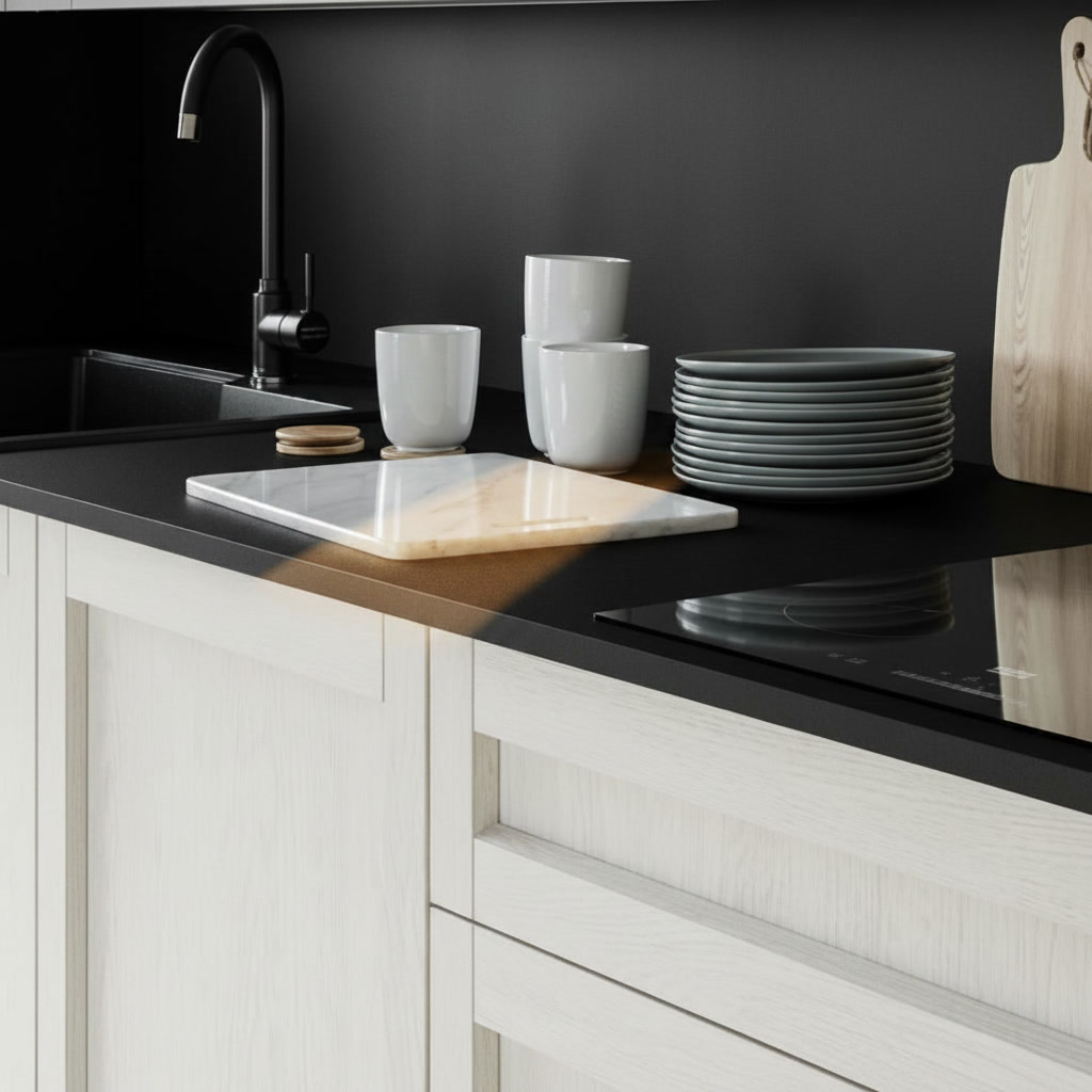 Top nero opaco con piatti grigi impilati, tazze e tagliere effetto marmo bianco, basi chiare a telaio, cucine Michelessi