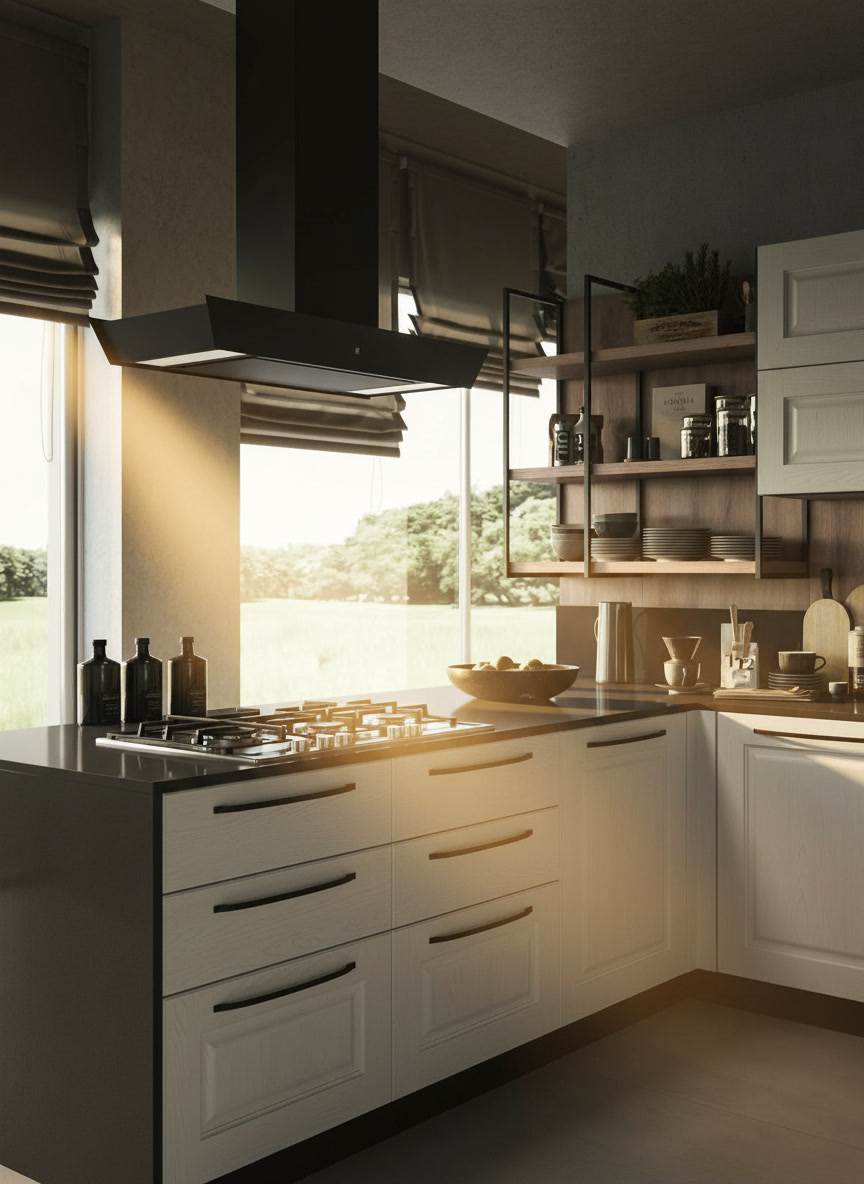 Angolo cucina avorio con anta a telaio, piano cottura a gas su top scuro e cappa nera a isola, cucine Michelessi