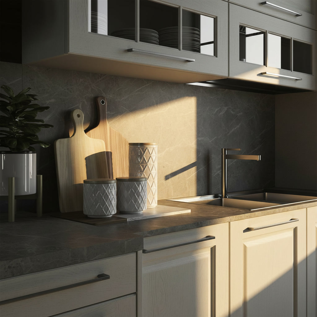 Pensili vetrina avorio con piatti, top e paraschizzi effetto marmo grigio venato e lavello inox, cucine Michelessi