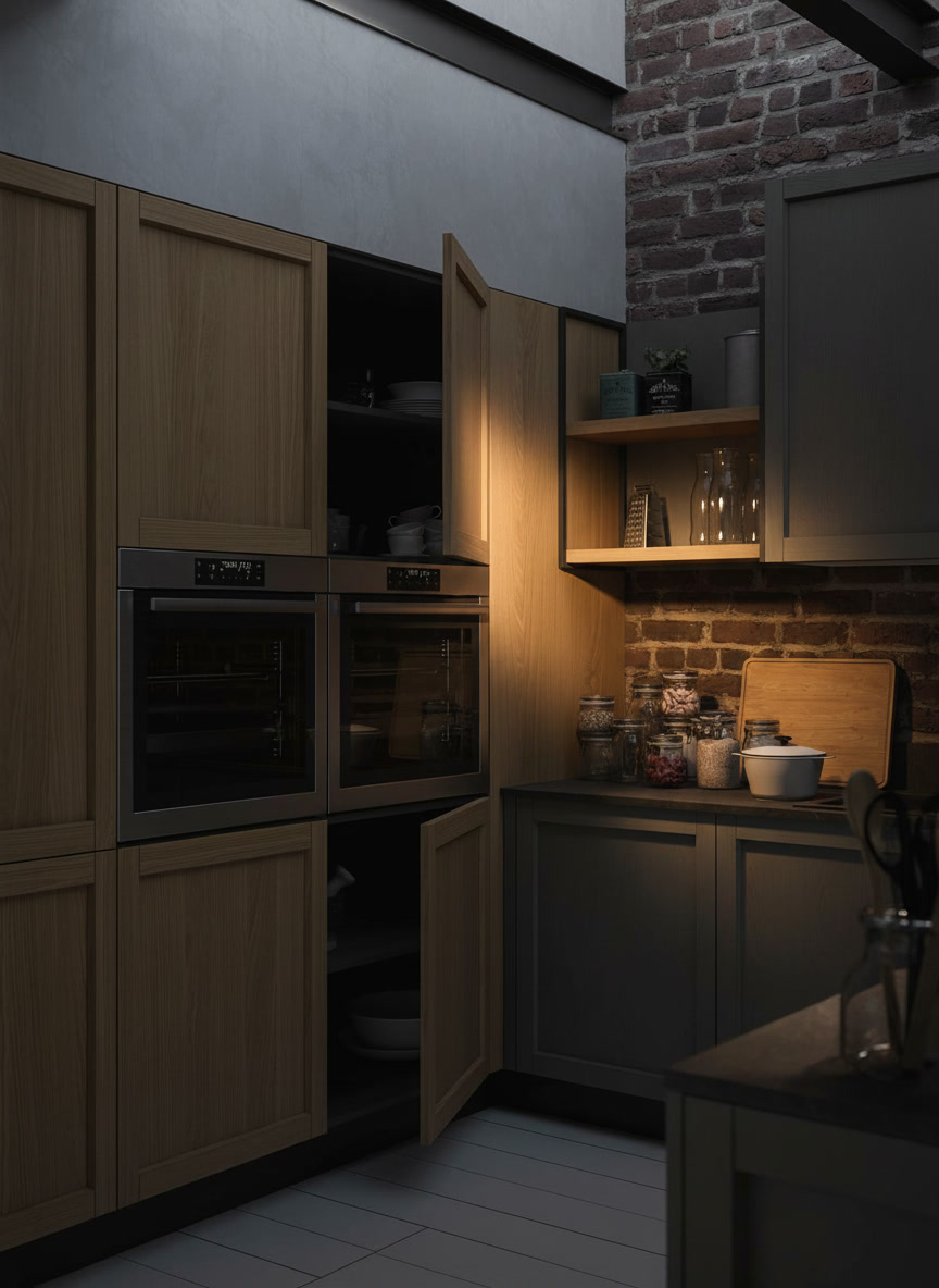Colonne dispensa in rovere con doppio forno inox e ante aperte, parete in mattoni e basi grigie, cucine Michelessi