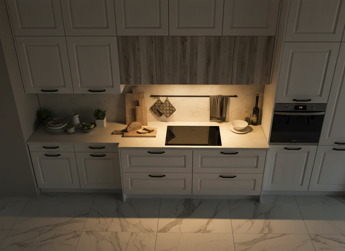 Cucina bianca a telaio con boiserie rovere grigio e pavimento in marmo bianco venato, Michelessi