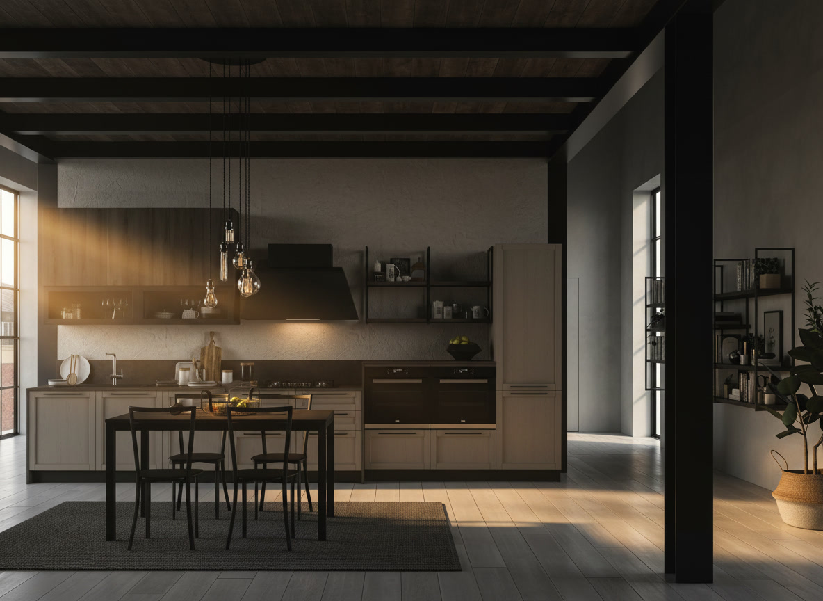 Cucina loft con travi nere, colonne beige a telaio, doppio forno nero e mensole industriali, Michelessi