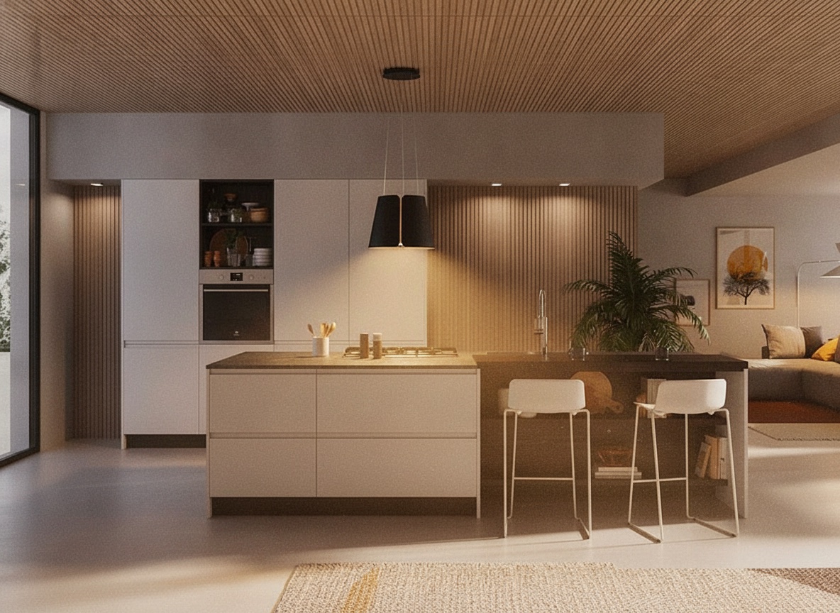 Cucina bianca con isola, penisola snack scura, doppia cappa nera e soffitto a doghe, collezioni Michelessi