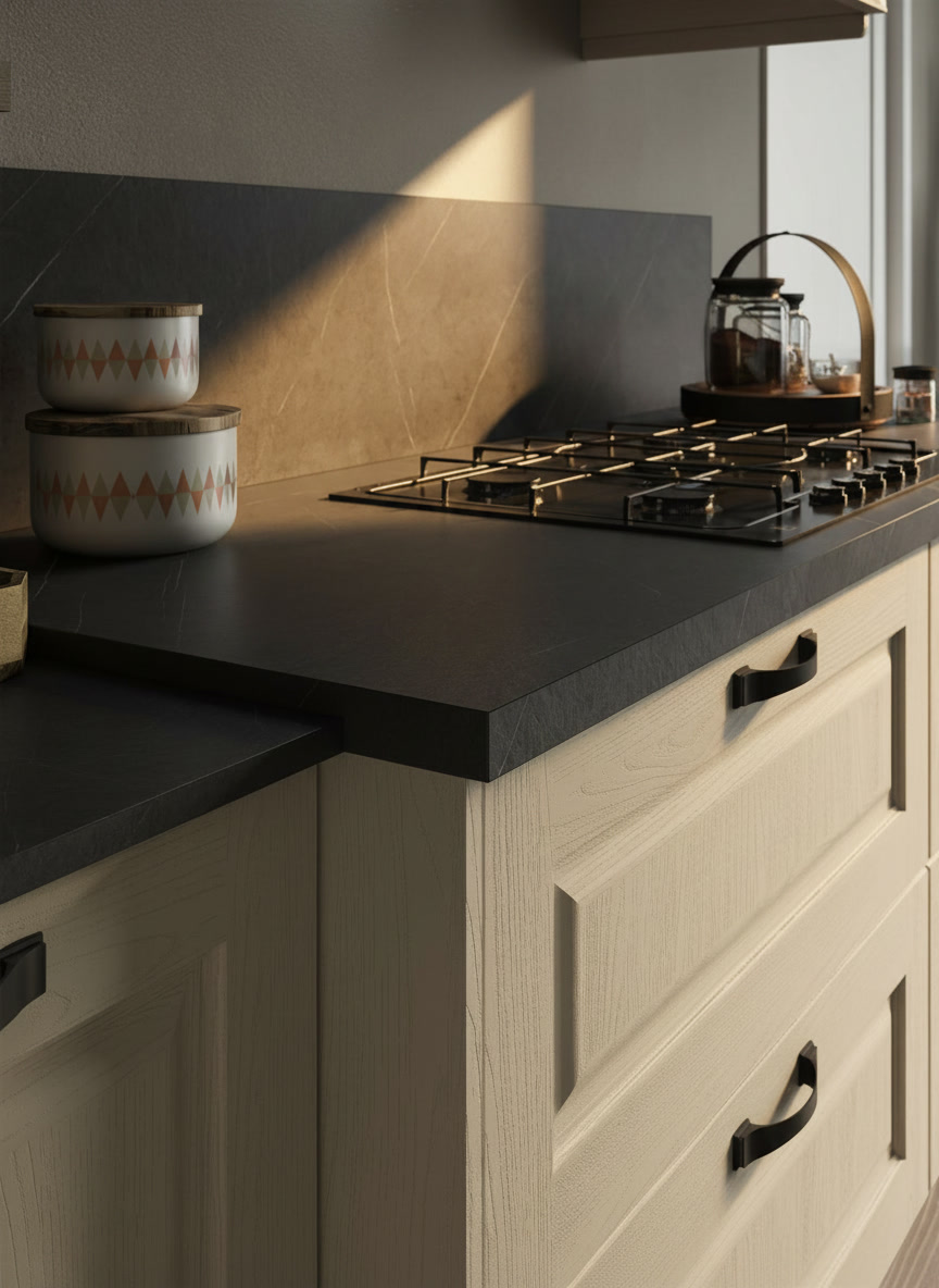 Piano scuro effetto ardesia con piano cottura a gas, basi avorio con anta a telaio e maniglie nere, cucine Michelessi