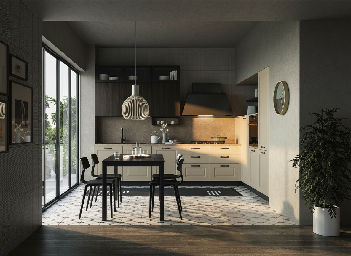 Cucina avorio con anta a telaio, pensile vetrina scuro, cappa in acciaio scuro e lampada a gabbia bianca, Michelessi