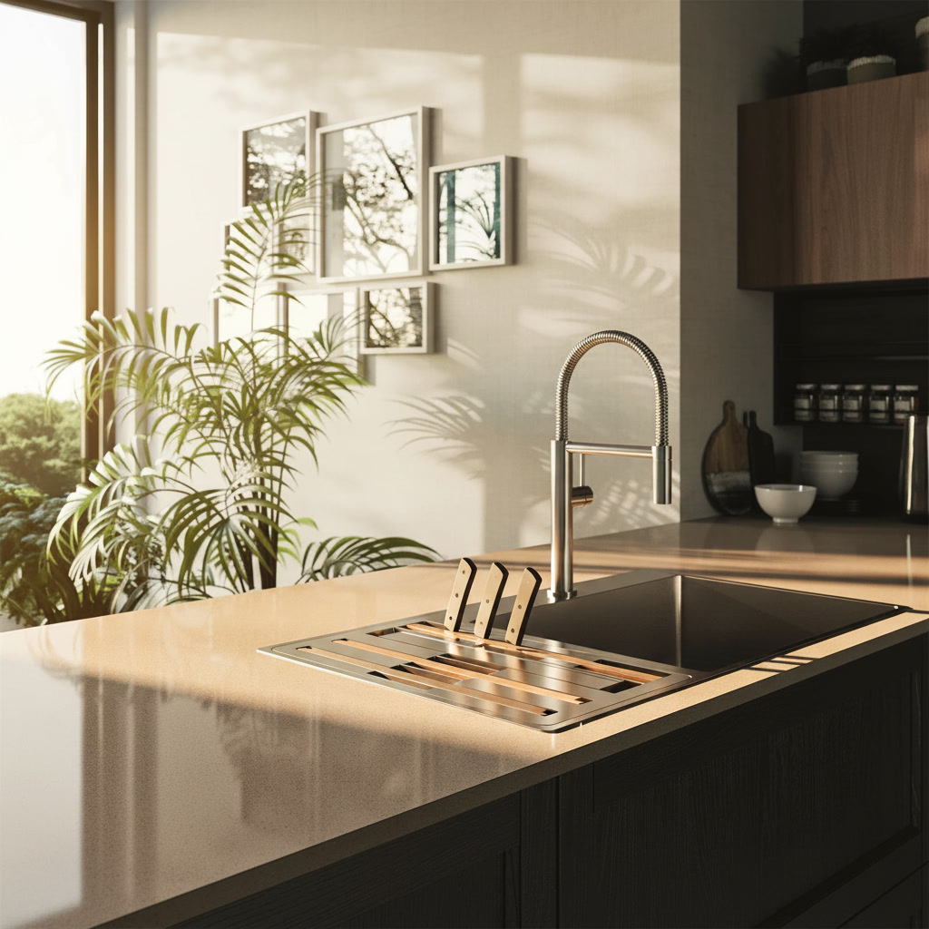 Piano effetto pietra tortora con lavello inox sottotop e miscelatore a molla, basi scure a telaio, cucine Michelessi