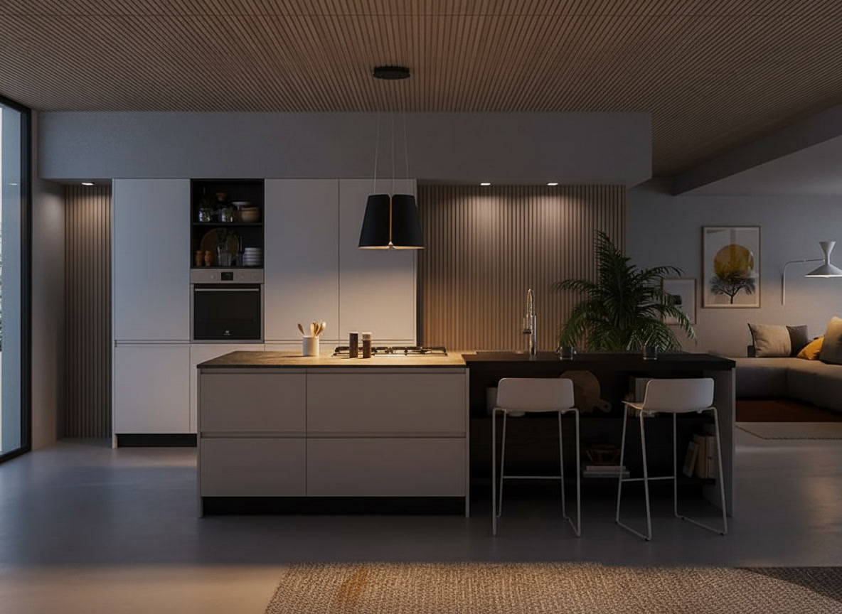 Vista della cucina bianca con isola, penisola snack scura e doppia cappa nera sotto il soffitto a doghe, Michelessi