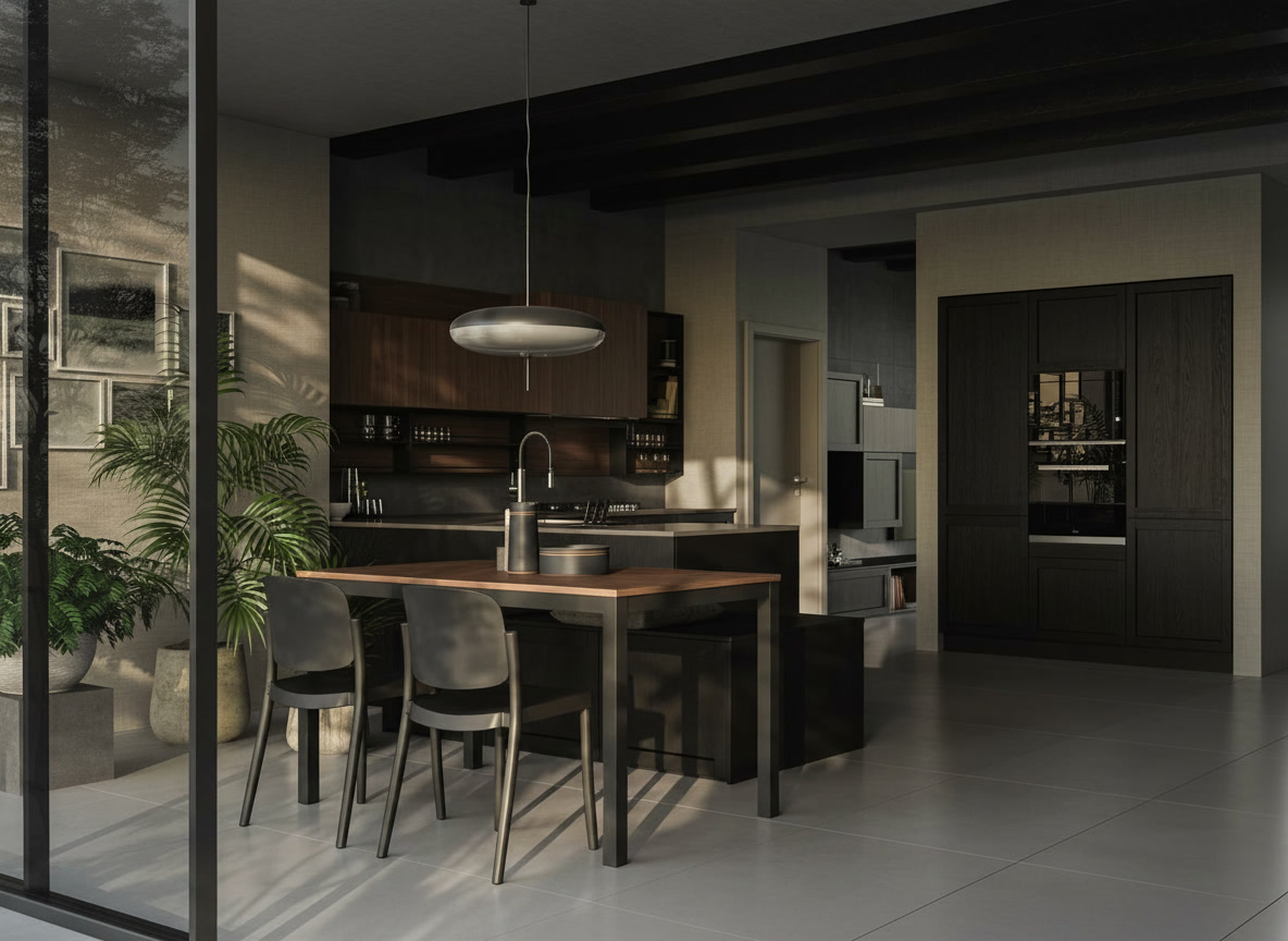 Open space loft con penisola dal piano in legno, colonne dispensa scure con vetrina e travi nere, collezioni Michelessi