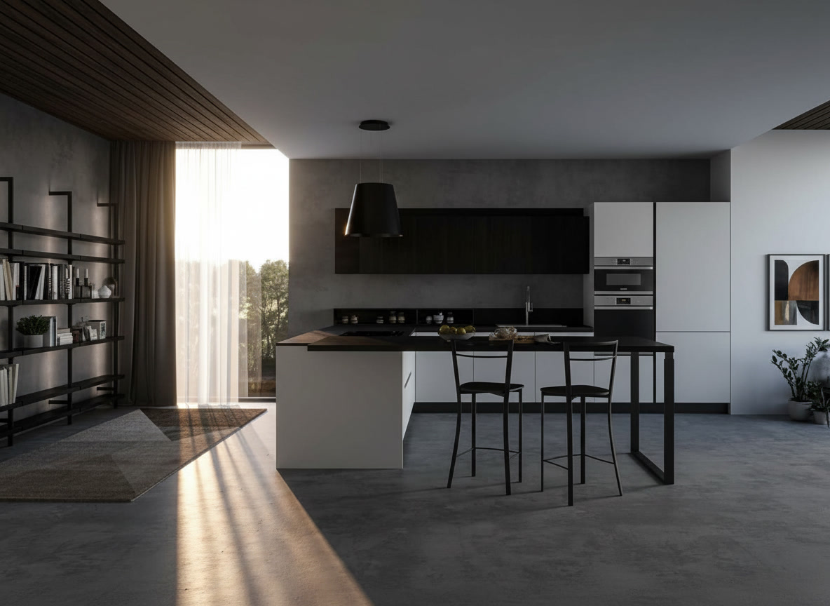 Open space grigio con soffitto a doghe, cucina bianca e nera con penisola e sgabelli neri, Michelessi