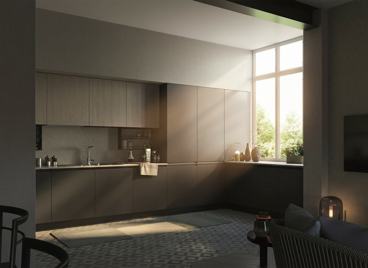 Cucina angolare con pensili in rovere chiaro, basi grigio antracite e alzata effetto pietra chiara, cucine Michelessi