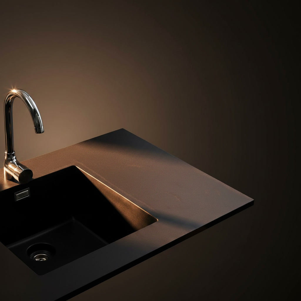 Piano cucina nero Fenix con lavello in composito e miscelatore cromato a collo d'oca, dettaglio materiali Michelessi