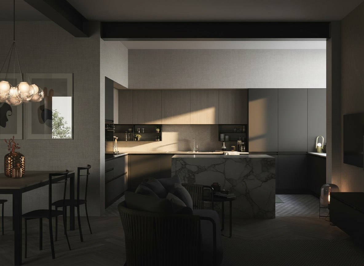 Open space con cucina angolare in legno chiaro e grigio antracite, tavolo e divano, ambientazione Era 02 Michelessi