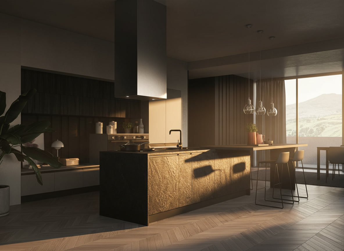 Isola effetto pietra scura con cappa inox a soffitto, boiserie scura e sgabelli neri, Era 02 Michelessi