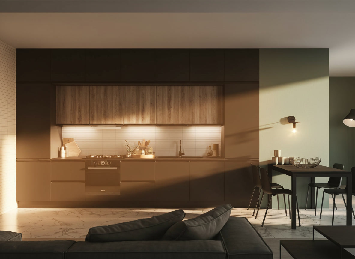 Cucina lineare nera con fascia pensili effetto rovere grigio e parete verde salvia, ambientazione Era 02 Michelessi