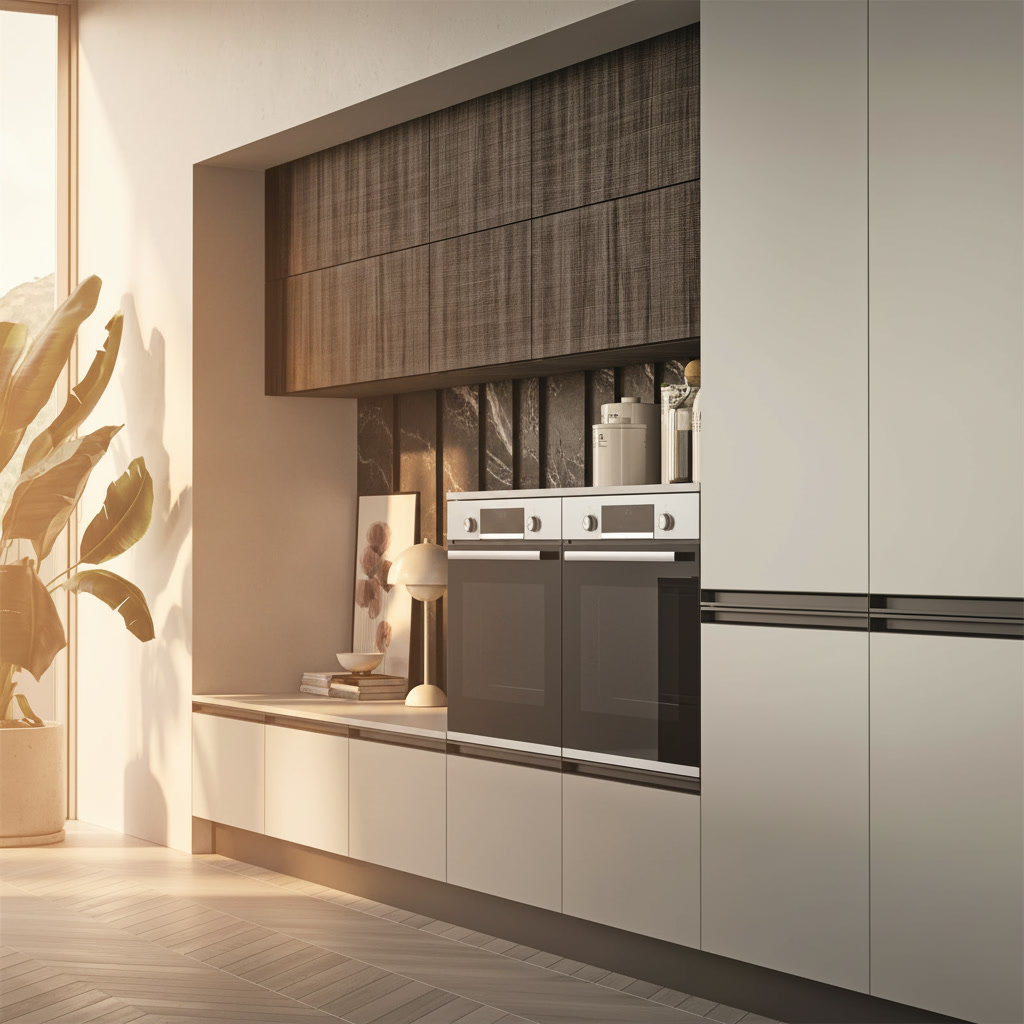 Colonne laccate grigio perla con doppio forno inox e vano a giorno con boiserie scura, cucina Era 02 Michelessi