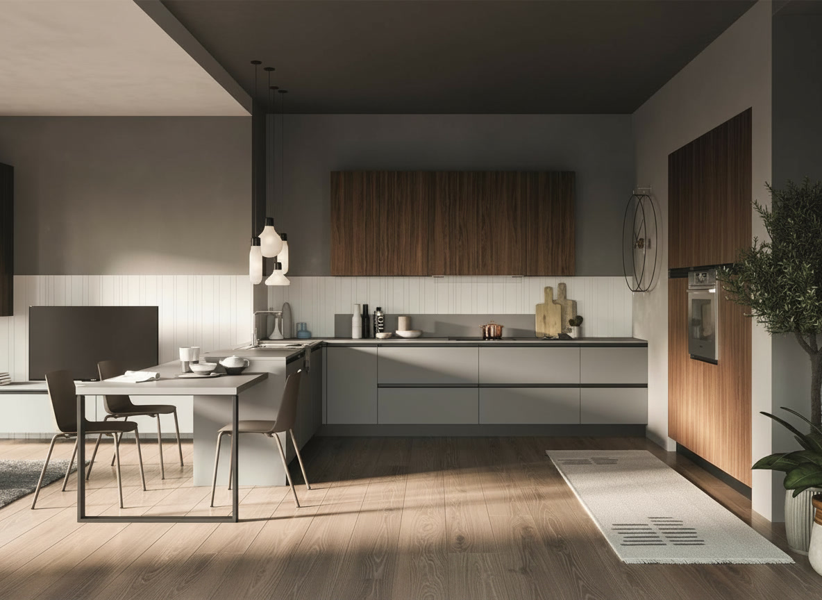 Cucina angolare grigio tortora con pensili in noce e tavolo penisola bianco, Era 02 Michelessi