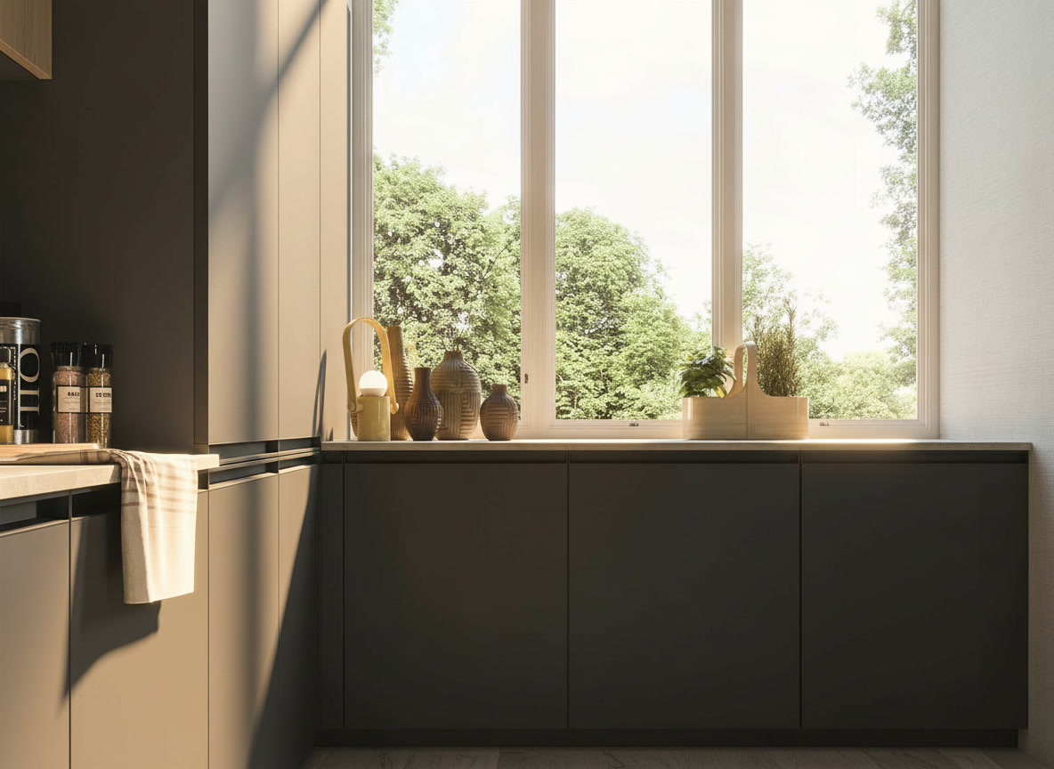 Basi grigio antracite sotto finestra con vasi in ceramica decorata e canovaccio bianco, ambientazione Era 02 Michelessi