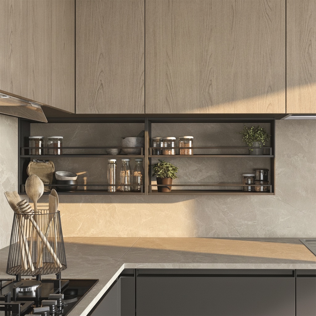 Pensili in rovere sopra vano a giorno in metallo nero con portaspezie, cucina Era 02 Michelessi