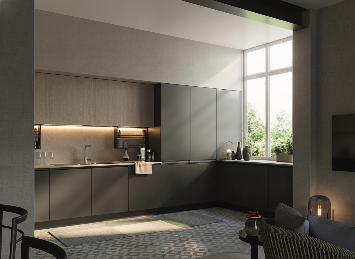 Cucina angolare con pensili in rovere chiaro, basi grigio antracite e alzata effetto pietra chiara, Era 02 Michelessi