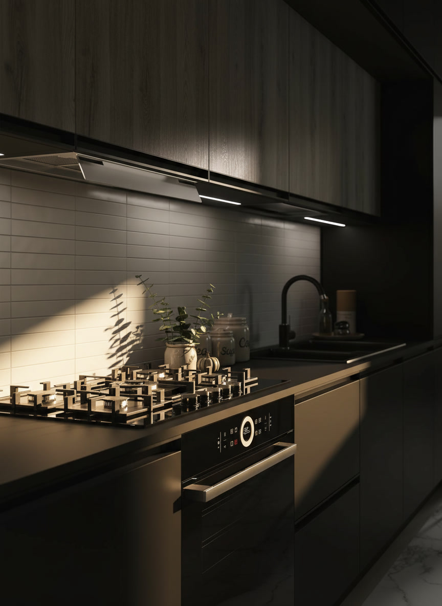 Cucina scura con pensili effetto legno chiaro, paraschizzi a mattonelle bianche e piano cottura a gas, Era 02 Michelessi