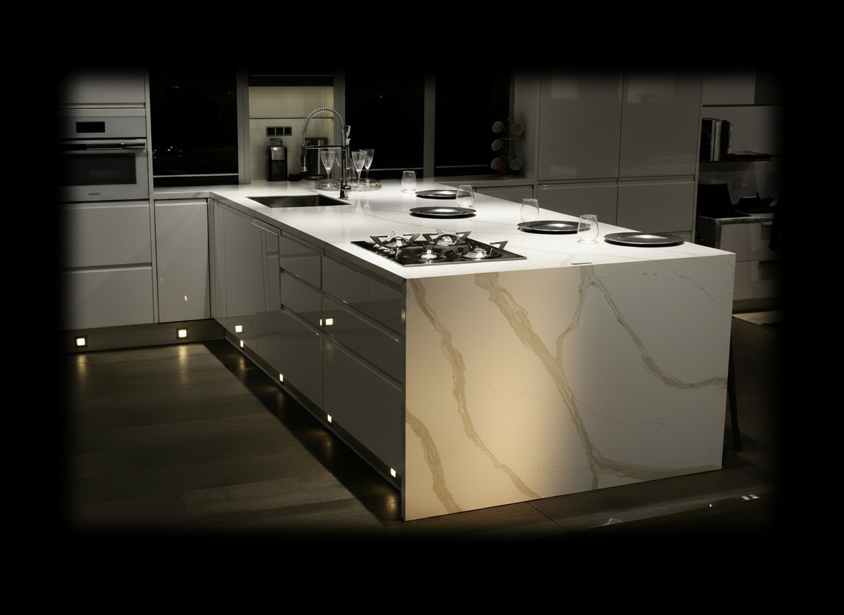 Cucina con penisola in marmo bianco venato di grigio, piano cottura a induzione e zoccolino luminoso — Michelessi