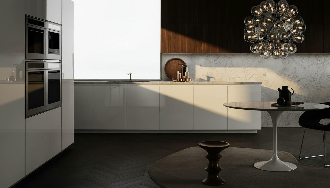 Cucina moderna con schienale e piano in marmo bianco, basi laccate bianche e pensili in legno scuro