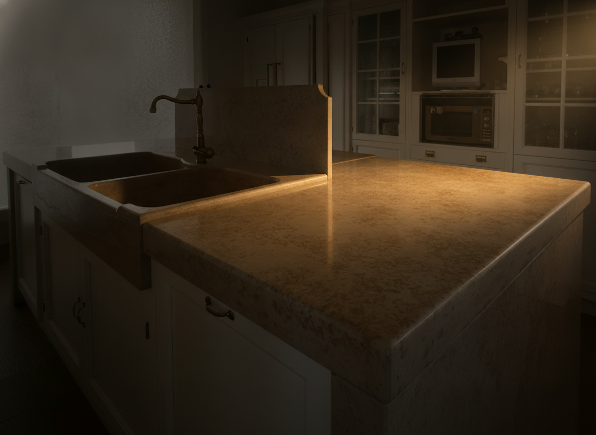 Piano cucina in travertino lucidato con doppio lavello in travertino anticato e rubinetteria in ottone — Michelessi