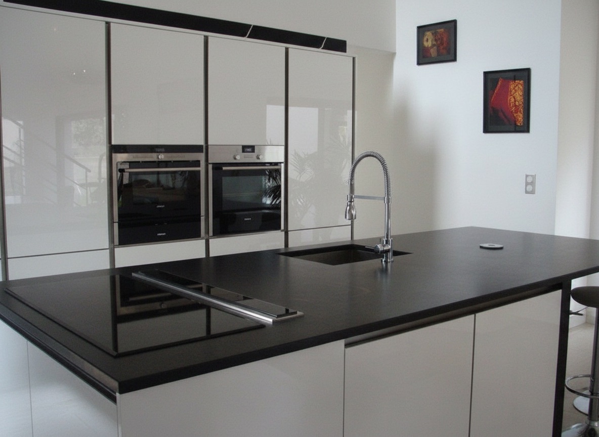 Cucina minimale in legno laccato bianco con piano in composito nero, induzione e cappa a scomparsa