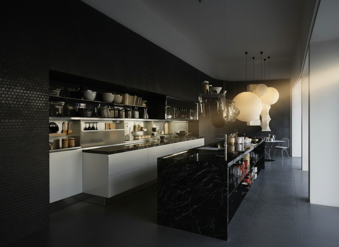 Cucina integrata nella parete in maiolica nera con isola centrale in marmo nero Marquinia — cucine Michelessi