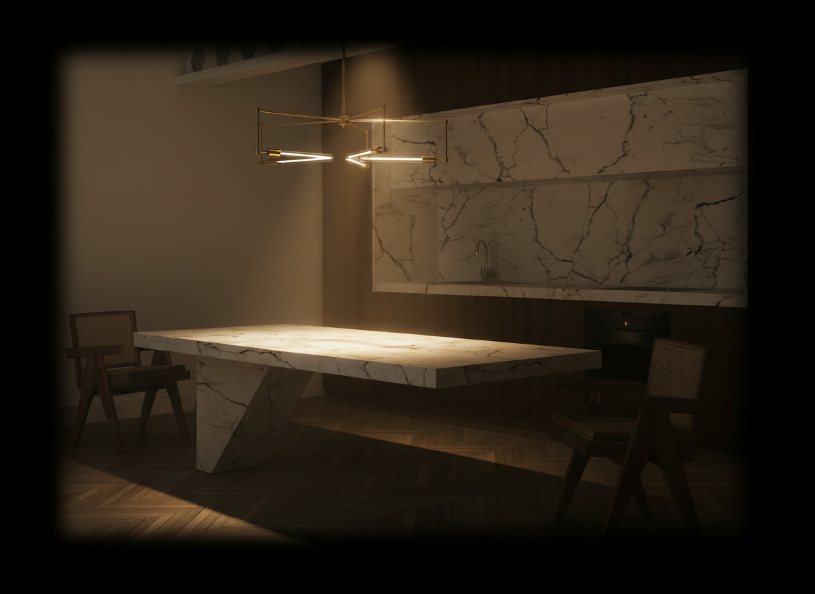 Isola a sbalzo in marmo di Carrara con struttura in acciaio, incassata in parete di legno — cucine Michelessi