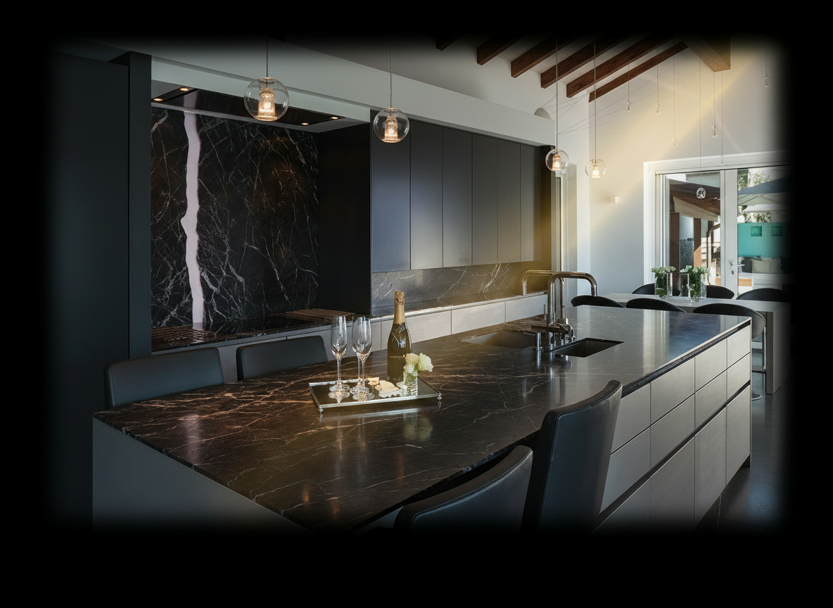 Cucina elegante con isola centrale in marmo nero Marquinia e arredi in legno wengé — cucine Michelessi