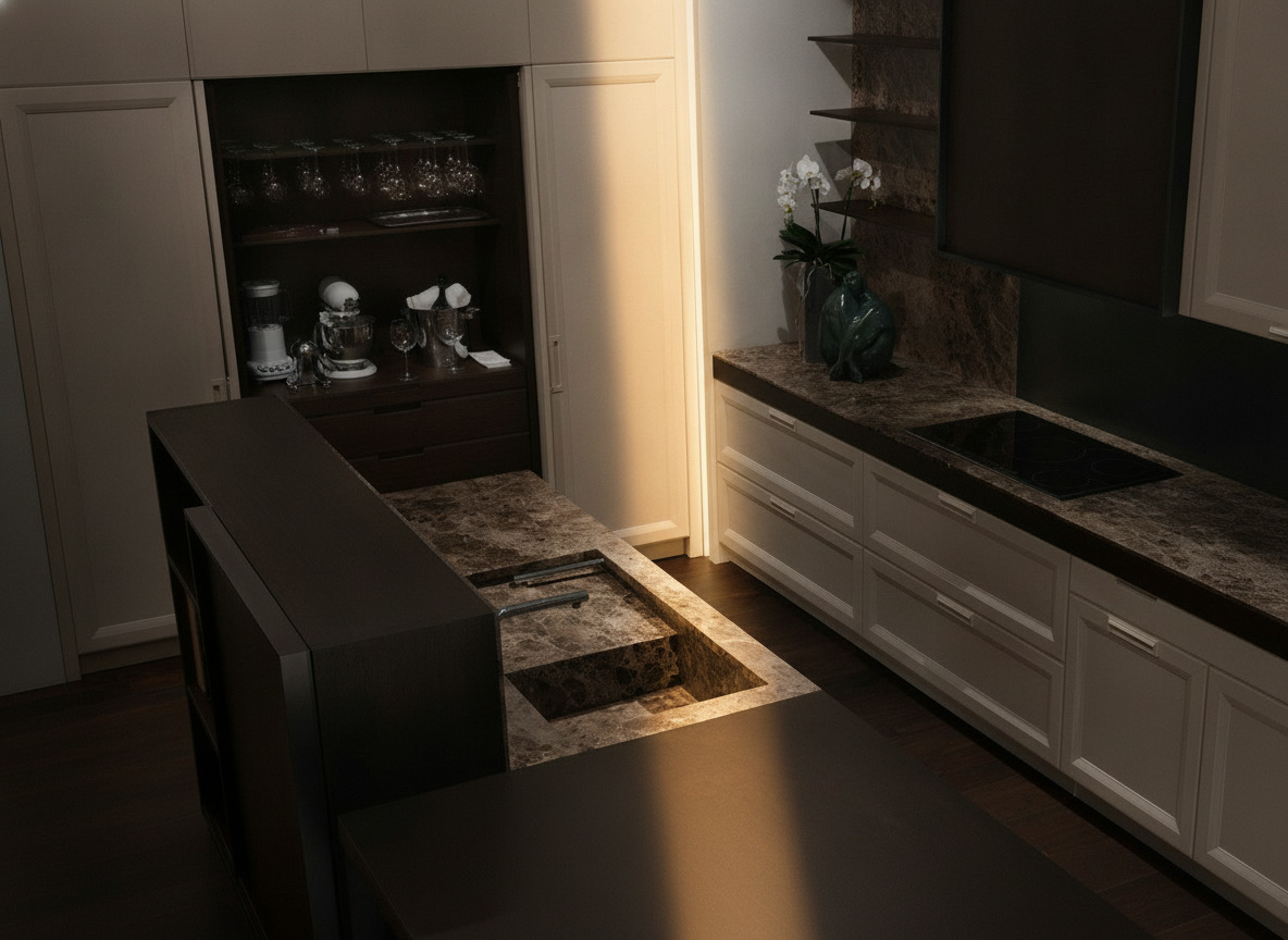 Cucina moderna con piano in marmo Brown Night, induzione e lavello con copertura scorrevole — Michelessi