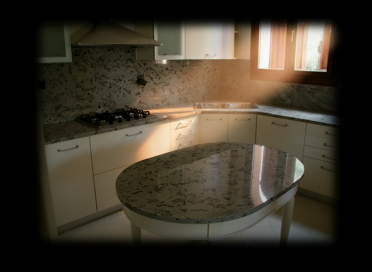 Cucina classica con piani e alzata in granito grigio e isola ovale su mobile in legno bianco