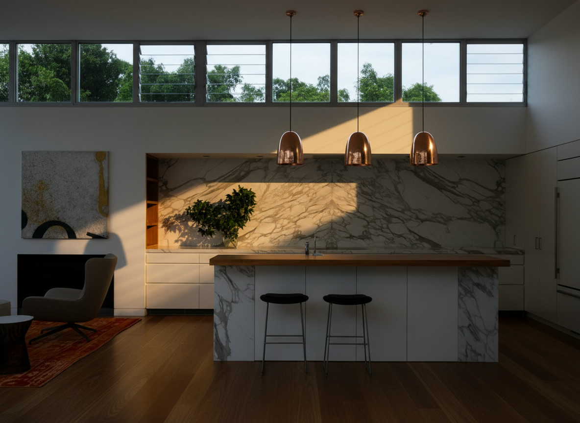 Cucina minimale con parete attrezzata rivestita in marmo di Carrara e isola con piano in legno — Michelessi
