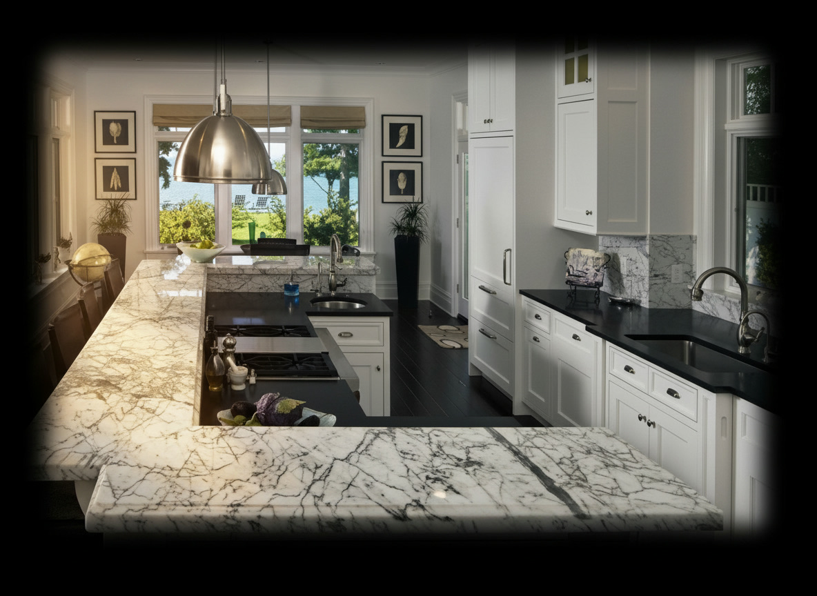 Cucina elegante con piani in marmo di Carrara a venatura accentuata alternati a quarzo nero, isola a doppio livello
