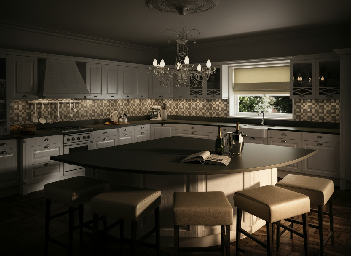 Cucina angolare classica con grande piano in materiale composito e isola a spicchio con sedute imbottite