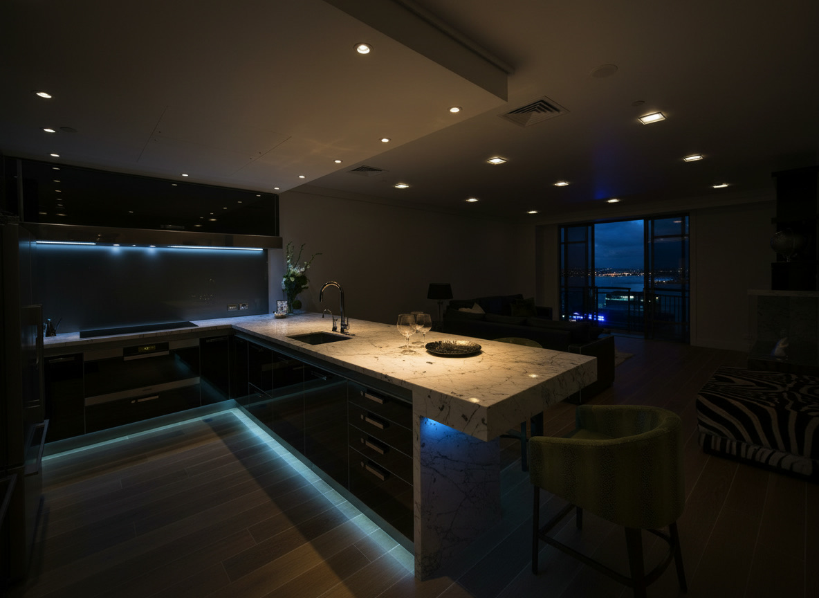 Cucina futuristica con piano in marmo di Carrara, ante in vetro fumé e illuminazione LED lineare