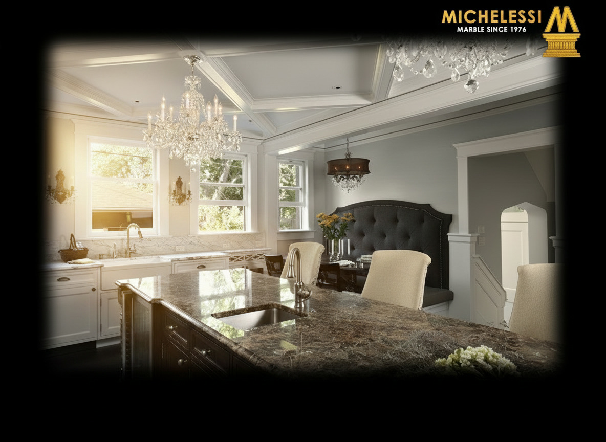 Cucina classica chic con isola in marmo marrone scuro, mobili bianchi laccati e lampadari di cristallo