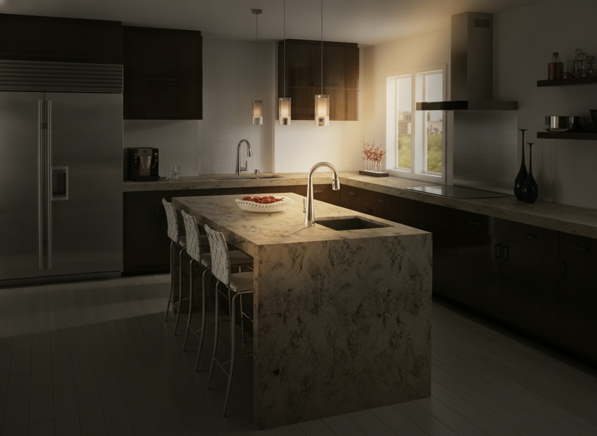 Cucina con mobili in legno scuro, piano e isola a cascata in marmo maculato beige — cucine Michelessi