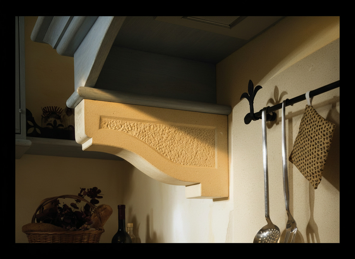 Supporto per cappa cucina in marmo con finitura martellinata, in stile classico con legno azzurro anticato