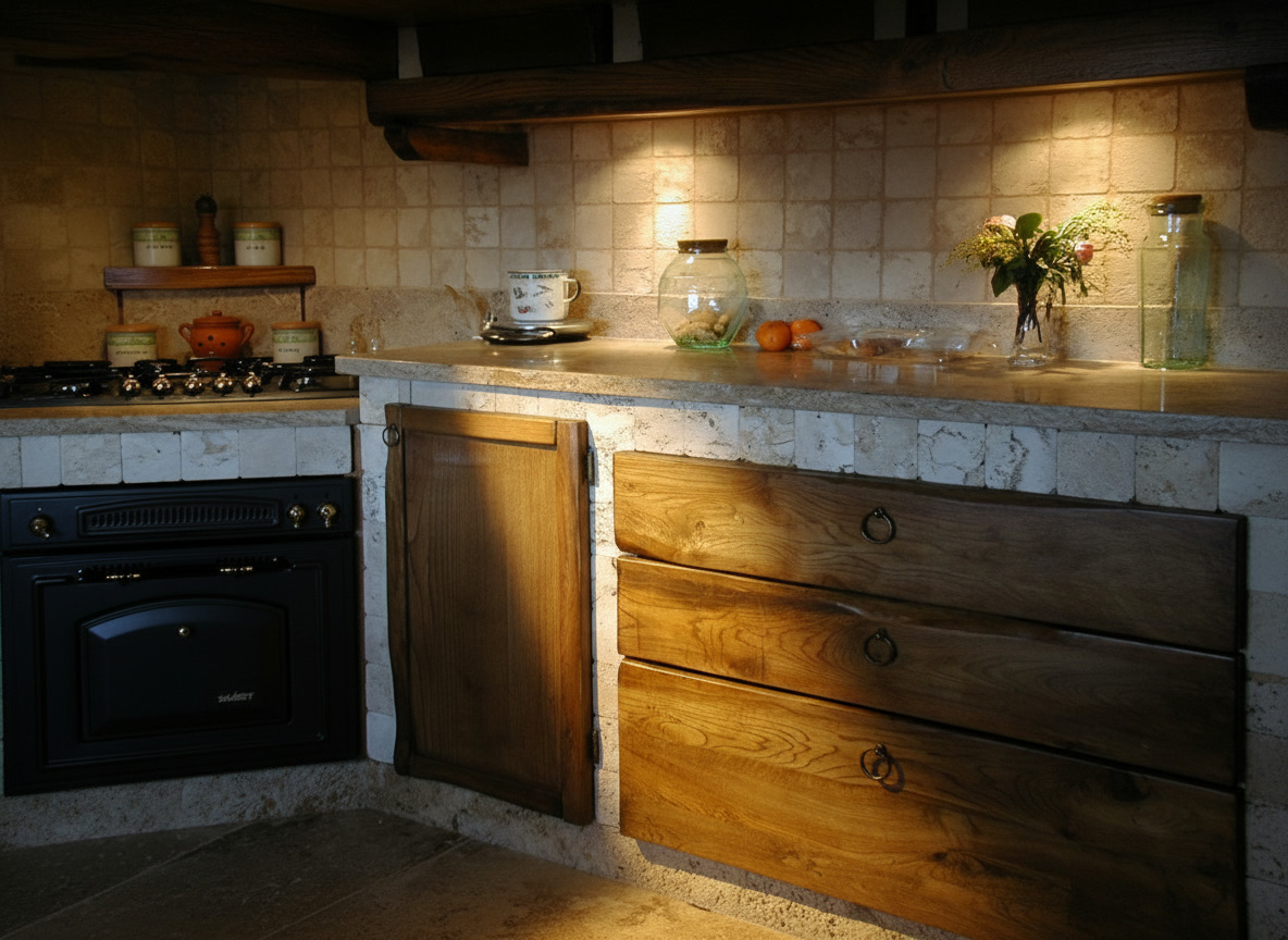 Cucina rustica in muratura con ante in legno grezzo, piano e zoccolo in granito e parete in piastrelle di travertino