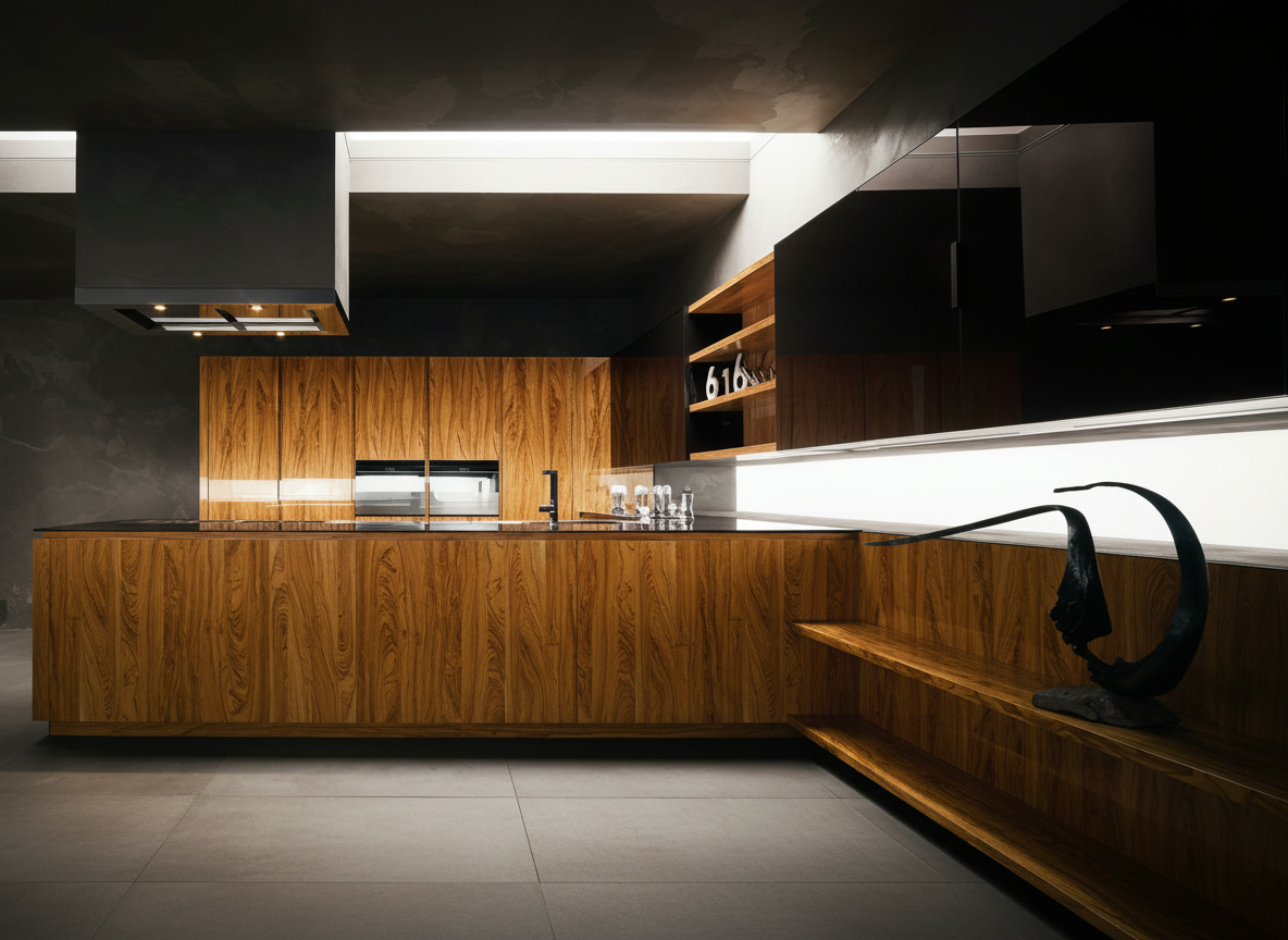 Cucina in legno naturale senza maniglie con piano in quarzo nero, cappa a colonna e pensili laccati neri