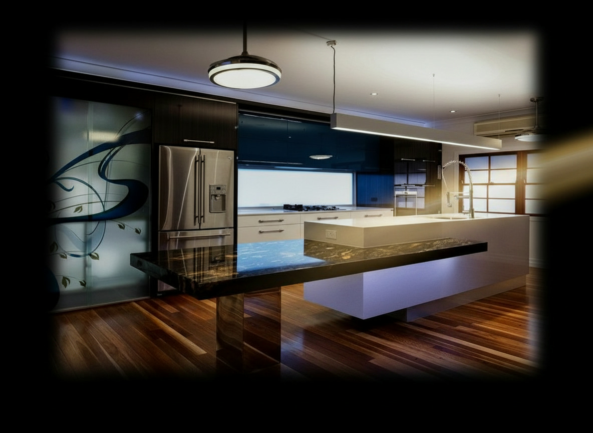 Cucina ultramoderna con isola su due livelli in marmo nero austriaco, elettrodomestici in acciaio e luci LED