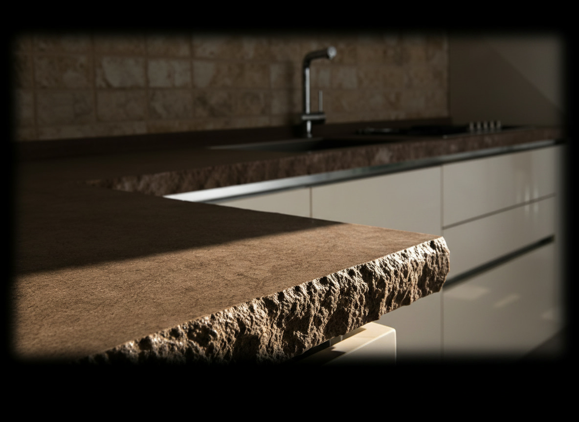 Piano cucina in marmo del Cardoso con superficie liscia e costa a spacco naturale, parete in mosaico beige