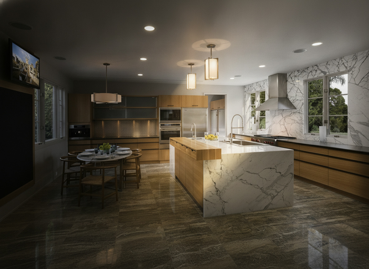 Cucina in legno naturale con parete in marmo di Carrara, pavimento in marmo verde anticato e isola con elementi in legno