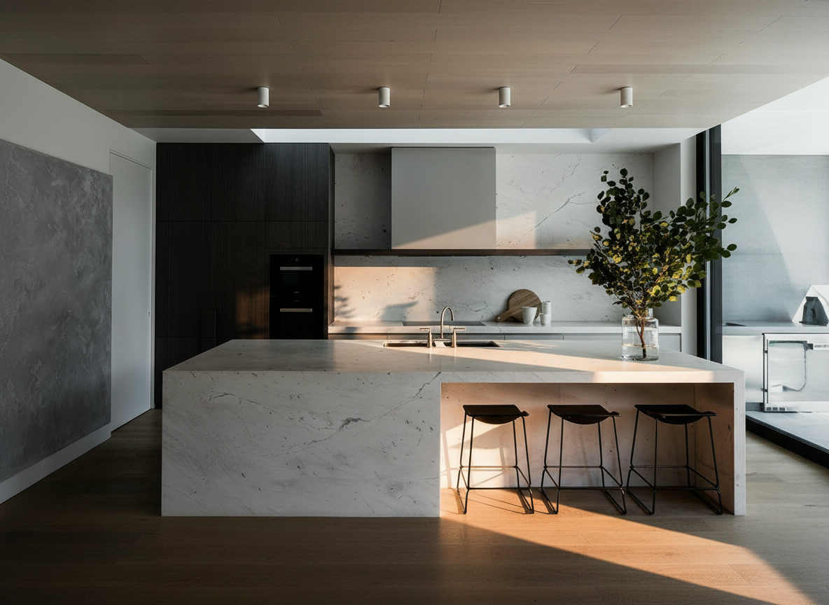 Cucina in marmo di Carrara con grande isola con lavello e zona pranzo, pensili in legno scuro a contrasto