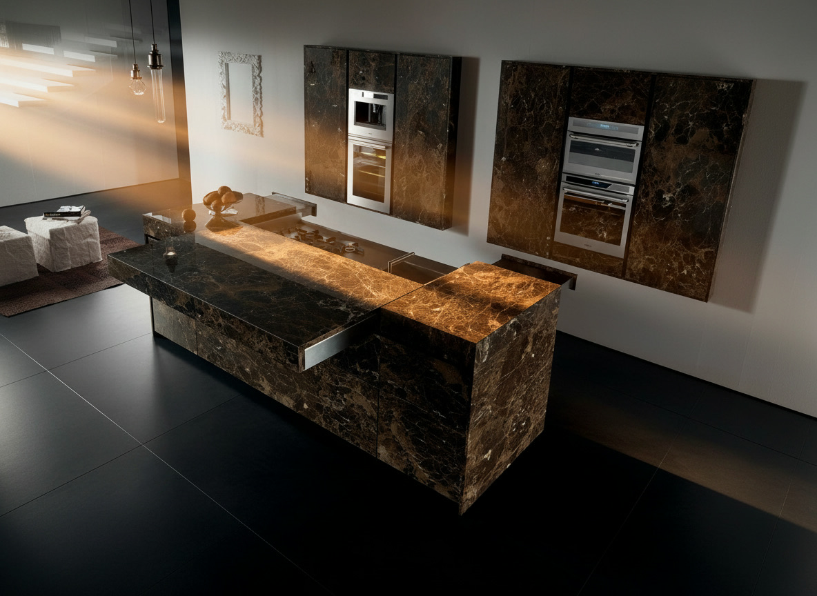 Cucina ultramoderna con isola, colonne e pensili rivestiti in marmo marrone scuro venato — cucine Michelessi