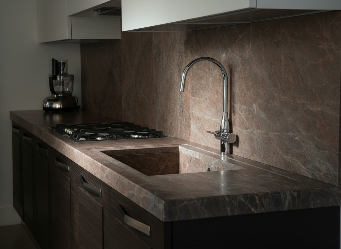 Piano cucina in marmo rosa sfumato di grigio con alzata coordinata e lavello ricavato nel marmo